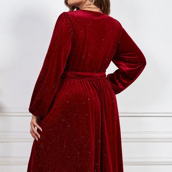 Melo Apparel Plus Size Surplice Neck Balloon Sleeve Tie Belt Midi Dress - Picture 6 of 8